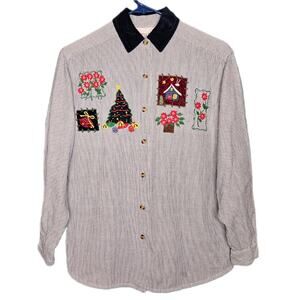 Casey&Max Vintage Cotton Embroidered Patchwork Christmas Shirt sz S